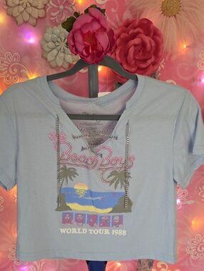 Hybrid Apparel Light Blue Crop Tee with Beach Boys Graphic